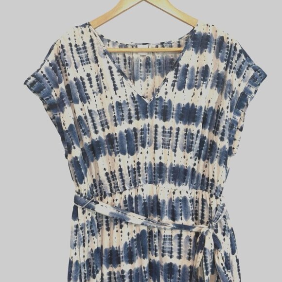 Women's Large Blue Tie Dye Midi Cotton Casual Flowy Shift Belt Nautical Dress - Picture 2 of 5
